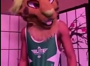 Furry in wrestling outfit strips and jerks pt1