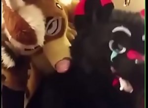 Fursuiters fuck in bathroom while bottom moans