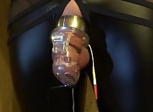 E-stim cum milking with chastity cage