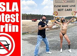 Nude protest in front of Tesla Gigafactory Berlin,