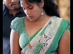 Romantic boobs press in green saree