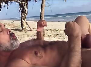 horny mature dad cums on the beach - amateur shoot