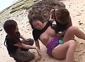 Asian Lesbian Threesome BDSM Exploration On Beach
